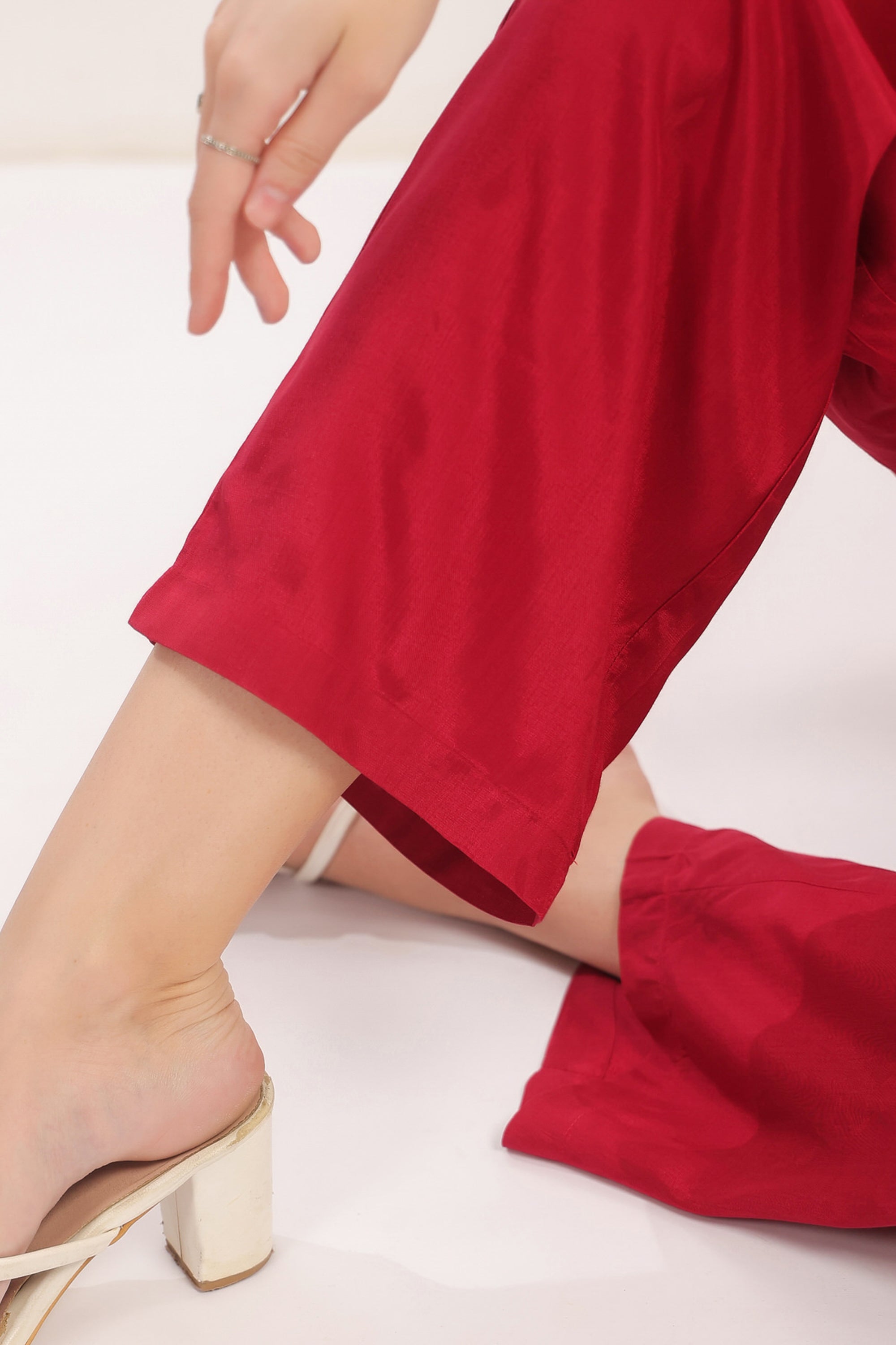 Elegant Crimson Red Floral Russian Silk Co-ord Set