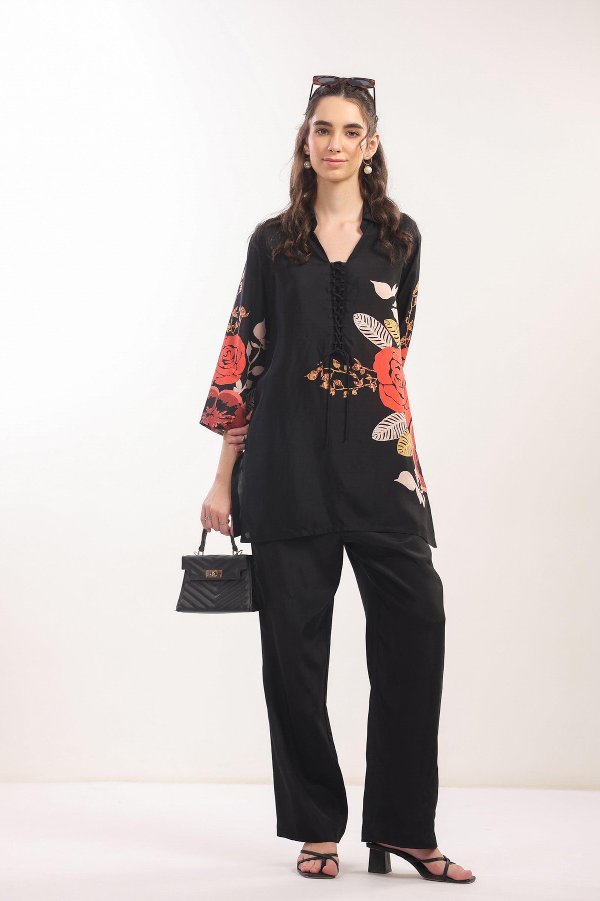 Black Floral Printed Russian Silk Co-ord Set