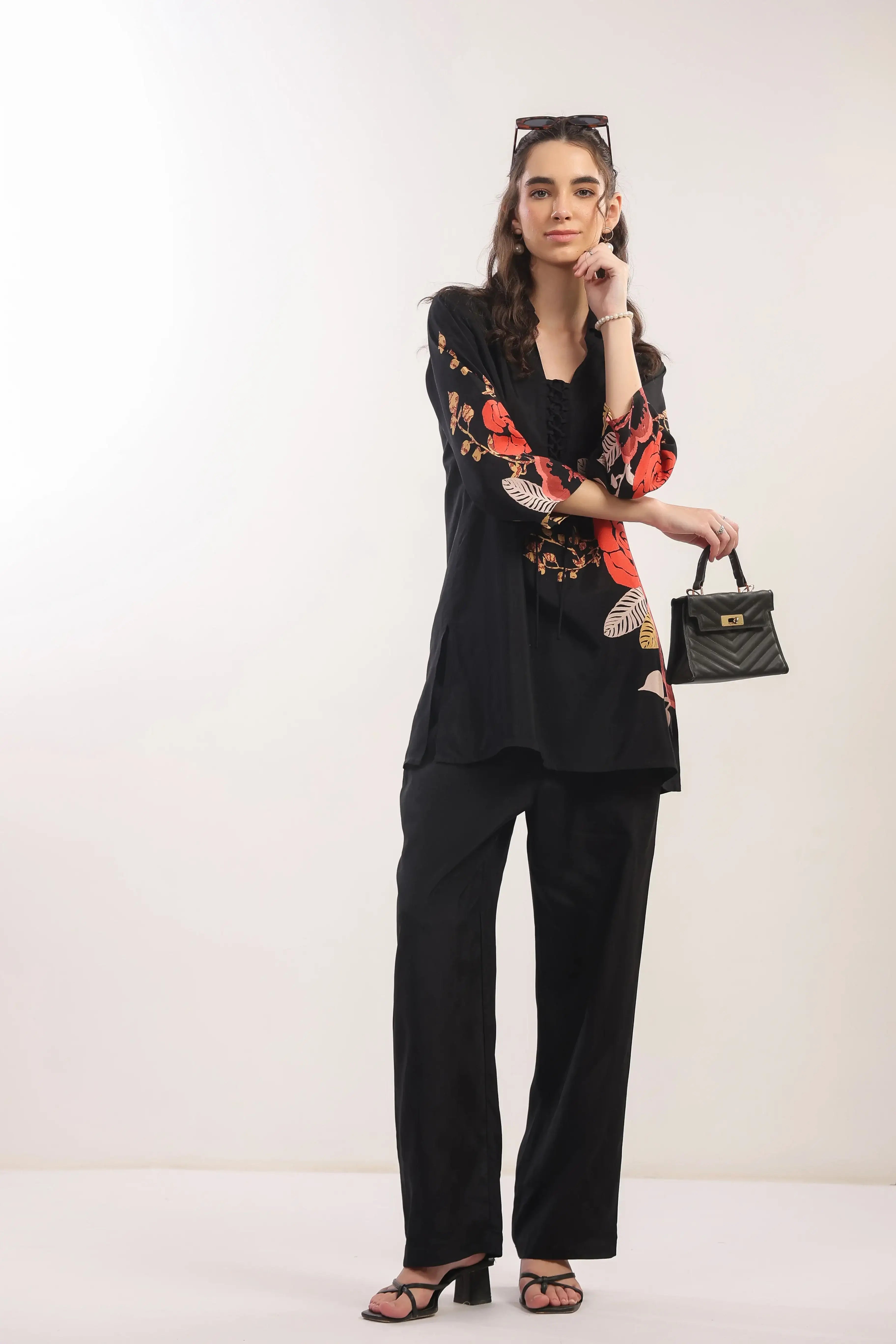 Black Floral Printed Russian Silk Co-ord Set