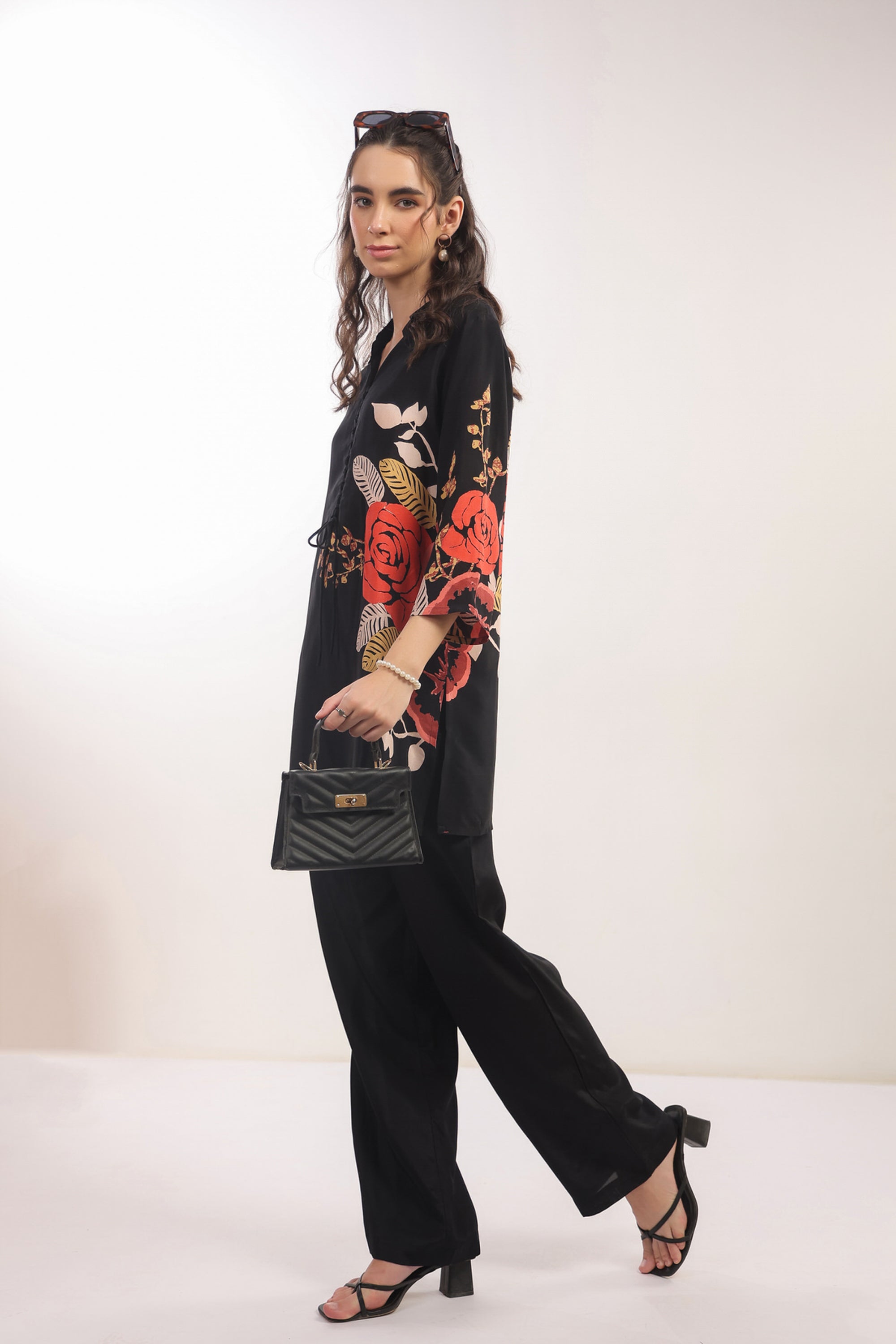 Black Floral Printed Russian Silk Co-ord Set