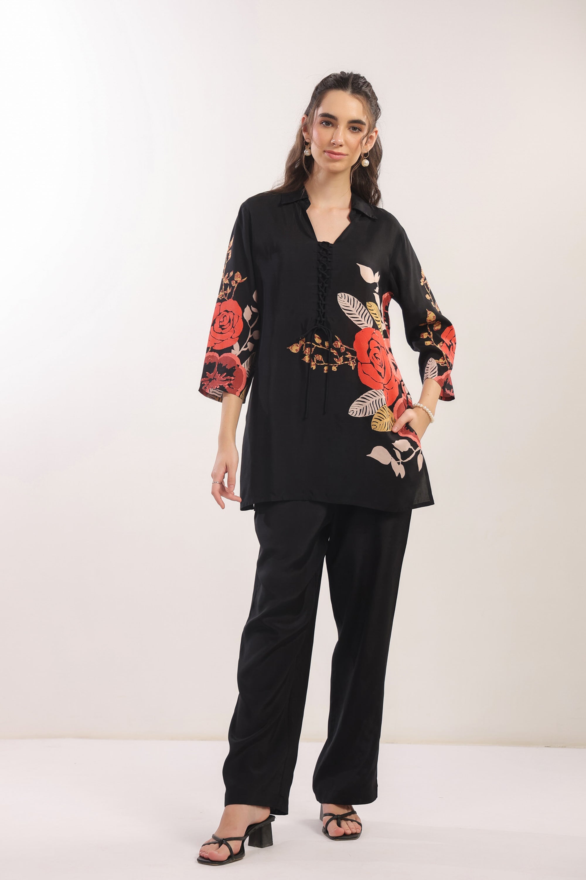 Black Floral Printed Russian Silk Co-ord Set