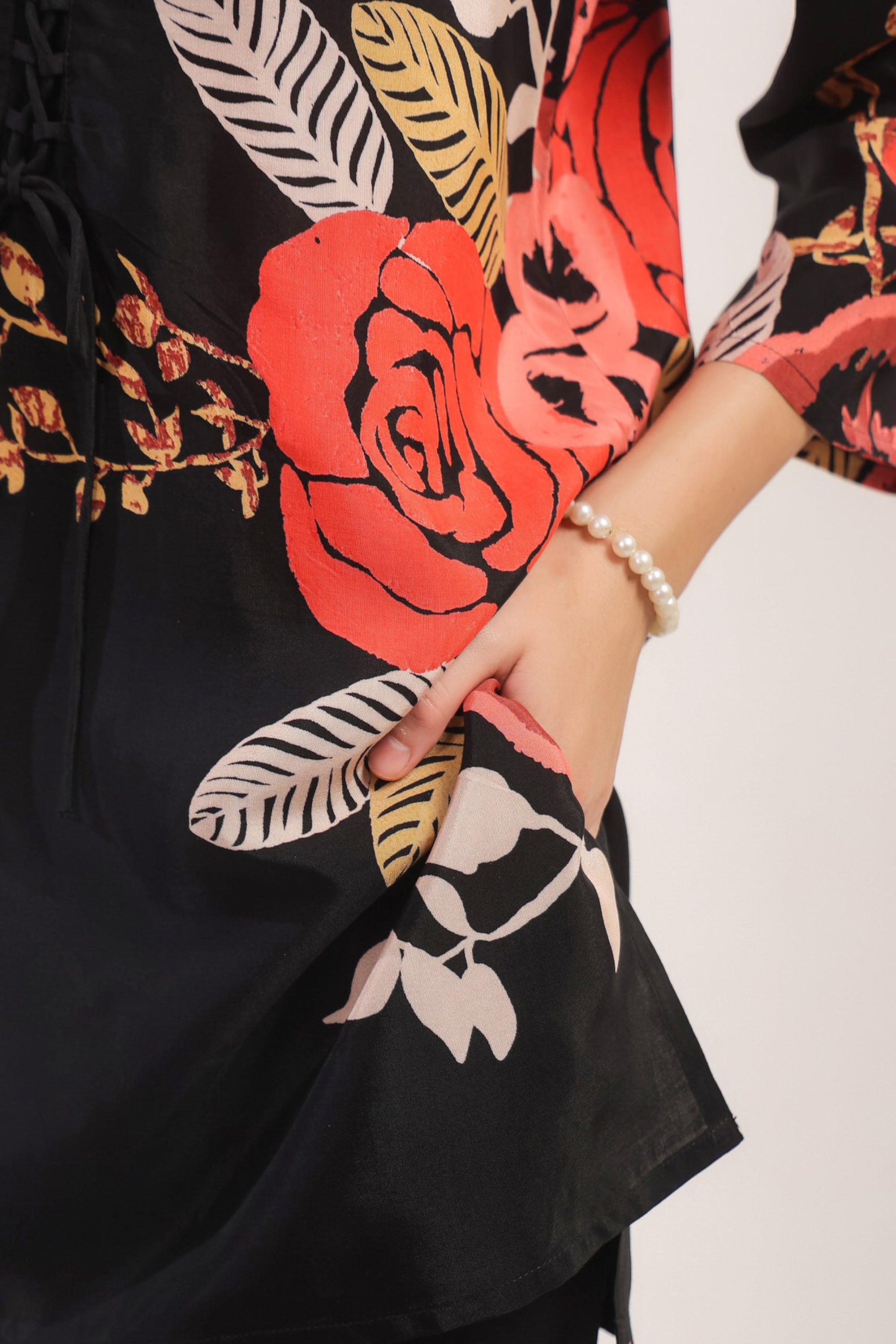 Black Floral Printed Russian Silk Co-ord Set