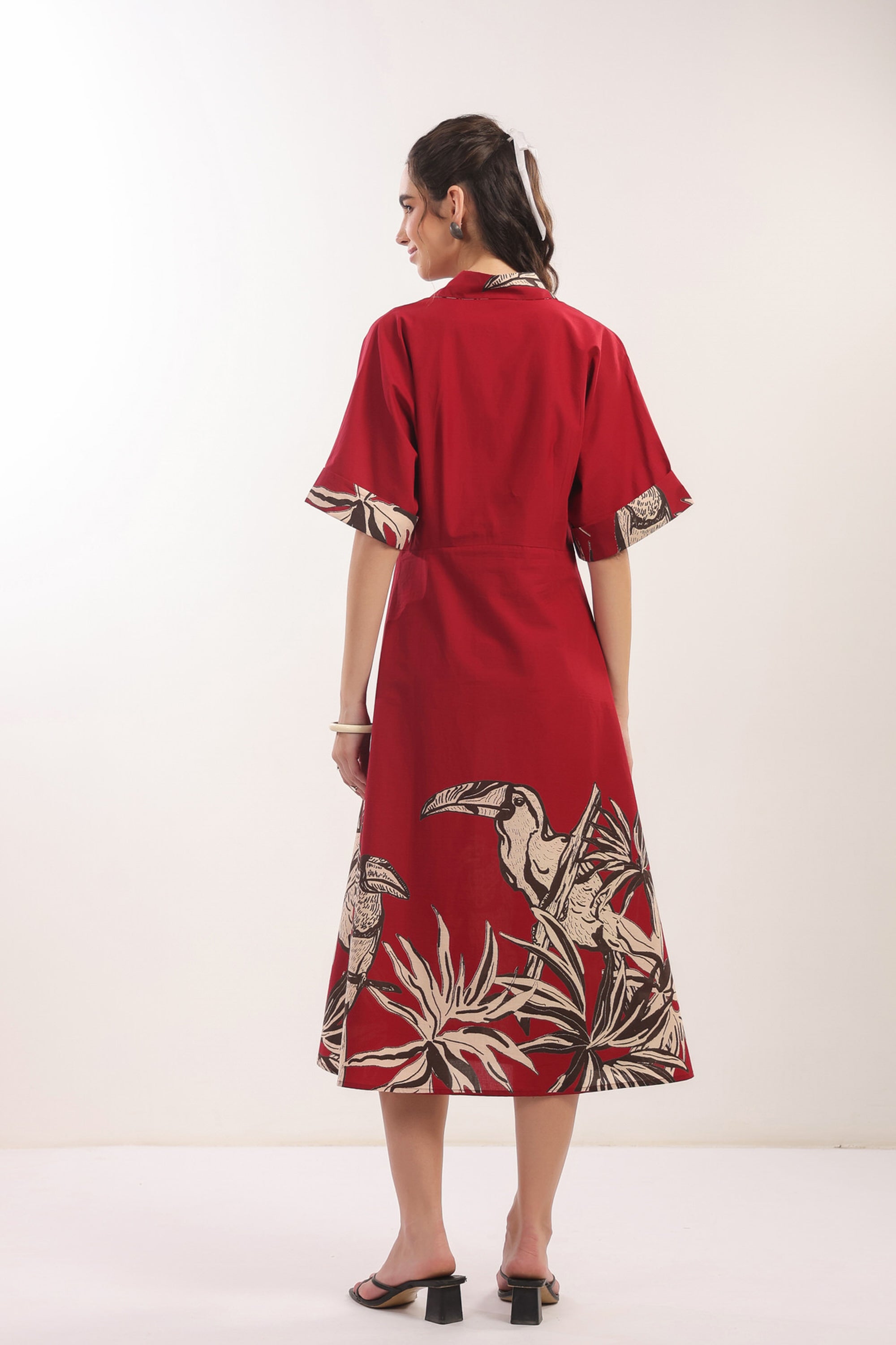 Crimson Jungle Vibe Red Cotton Shirt Dress
