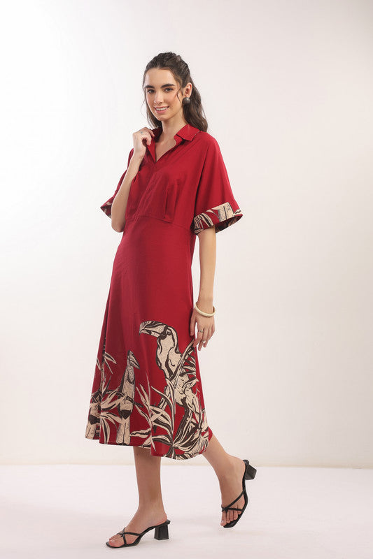 Crimson Jungle Vibe Red Cotton Shirt Dress