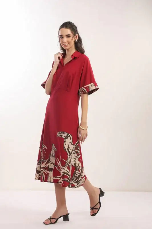 Crimson Jungle Vibe Red Cotton Shirt Dress