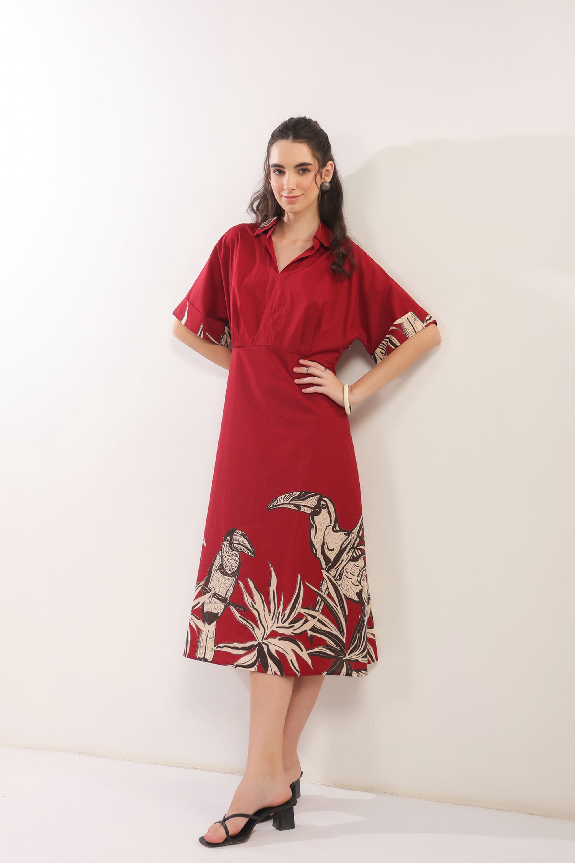 Crimson Jungle Vibe Red Cotton Shirt Dress