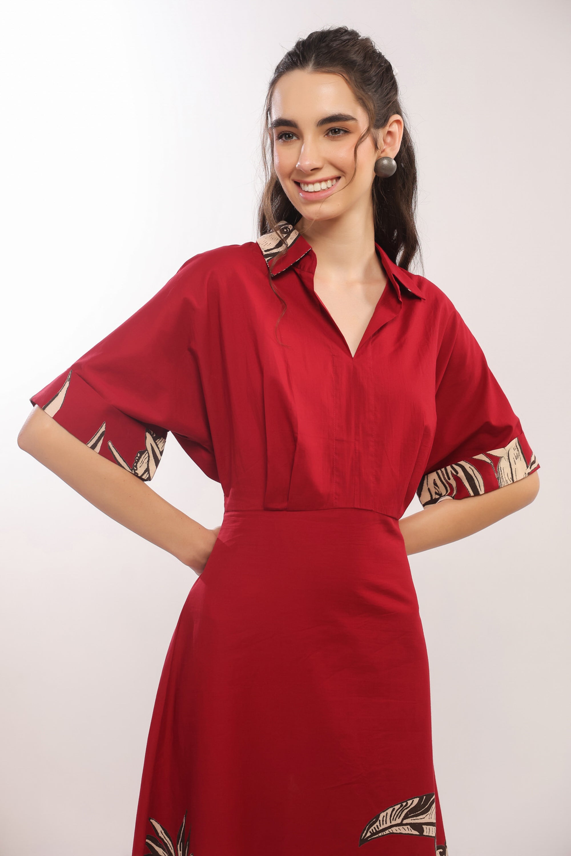 Crimson Jungle Vibe Red Cotton Shirt Dress