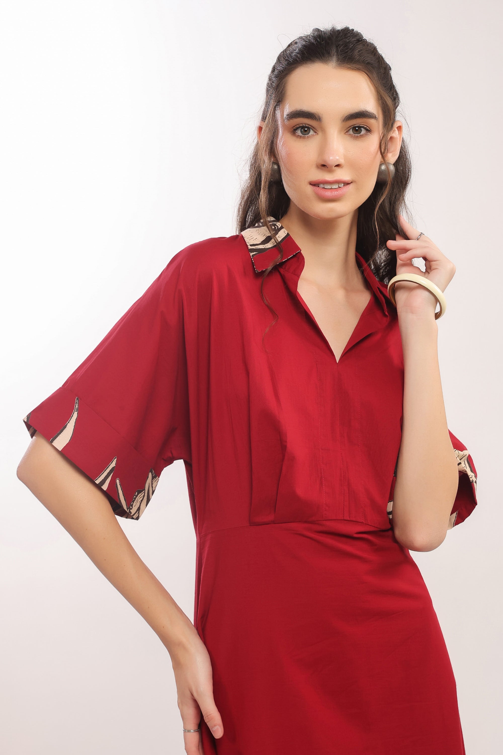 Crimson Jungle Vibe Red Cotton Shirt Dress