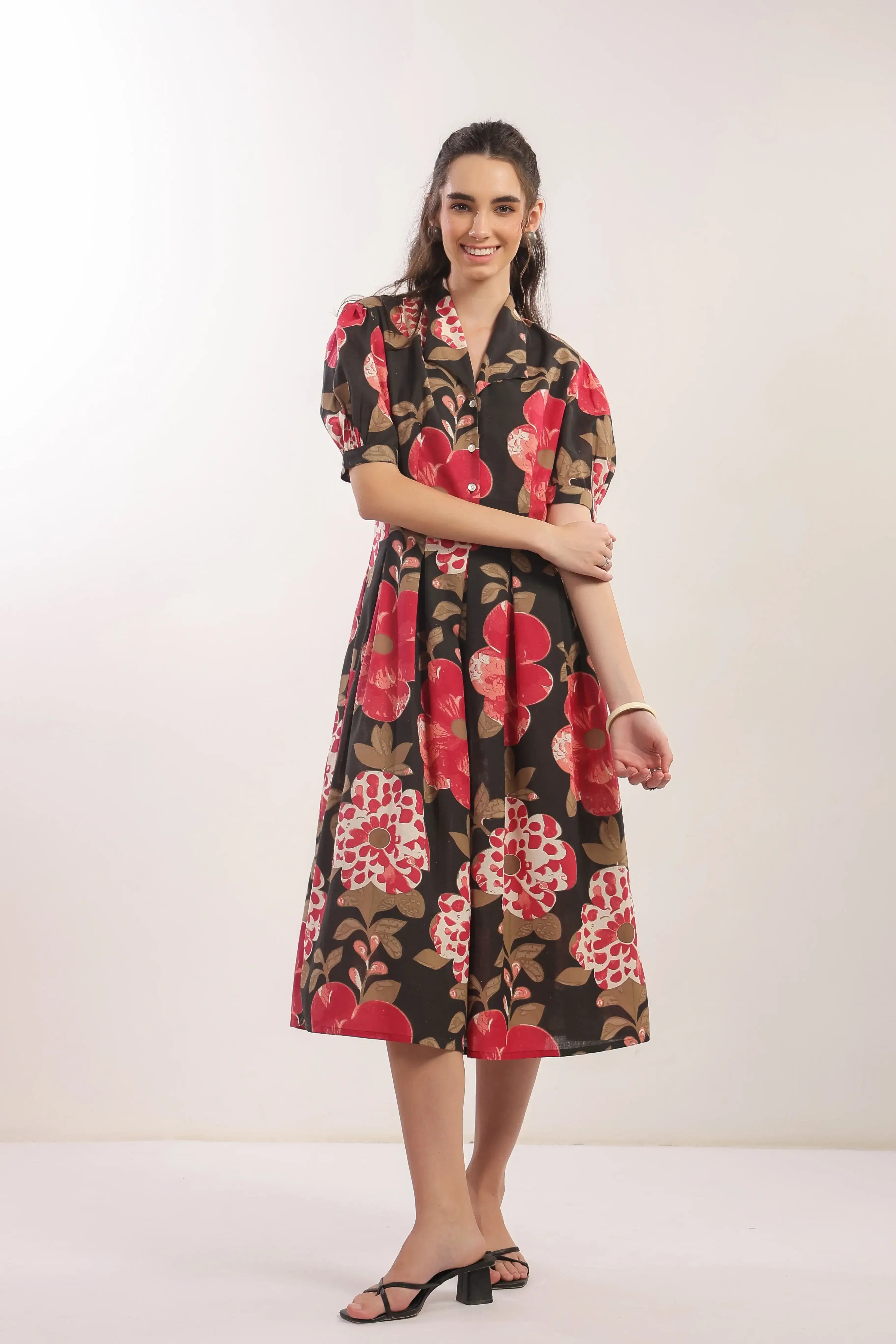 Bold Blossom Black Floral Midi Cotton Flex Dress
