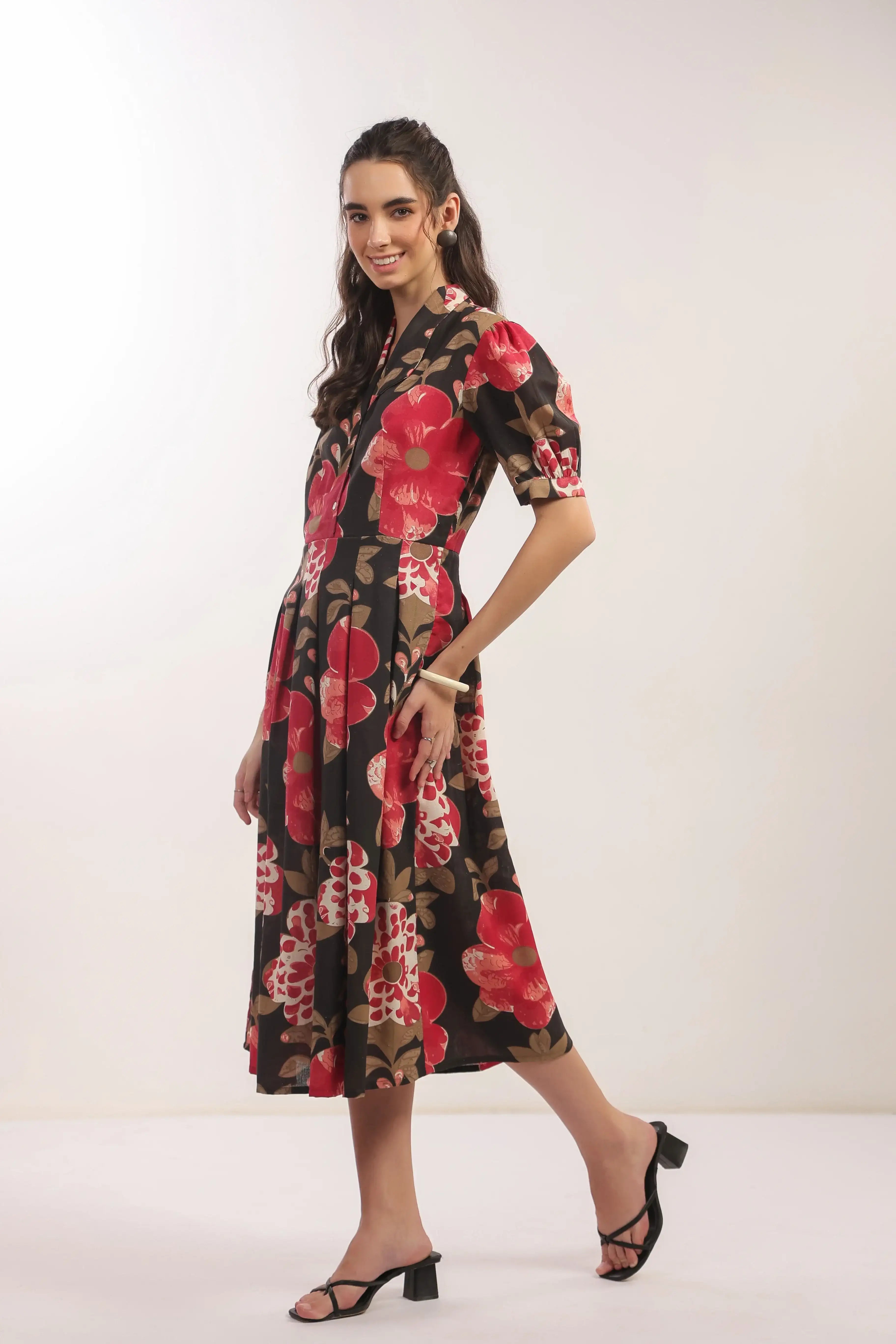 Bold Blossom Black Floral Midi Cotton Flex Dress