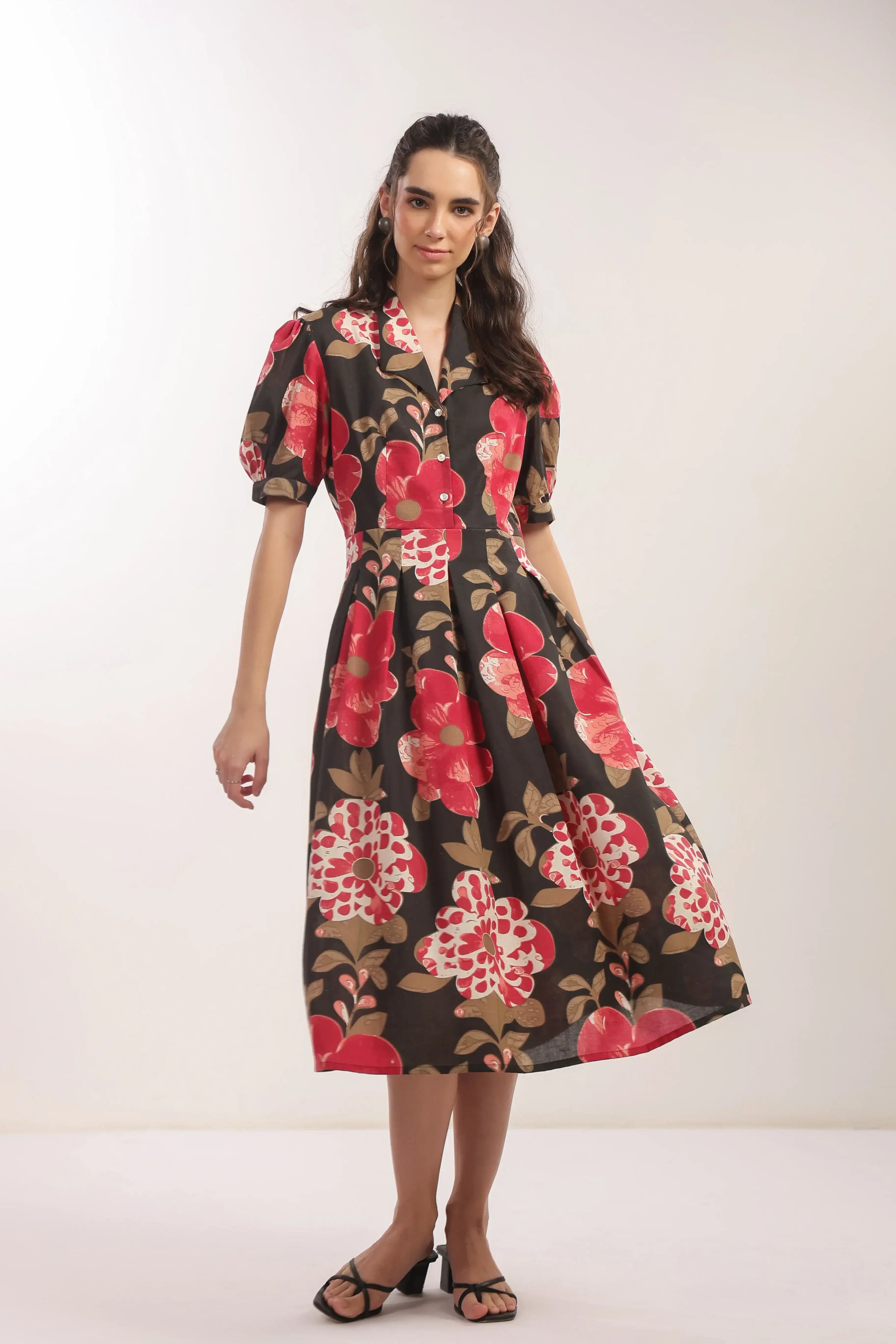 Bold Blossom Black Floral Midi Cotton Flex Dress