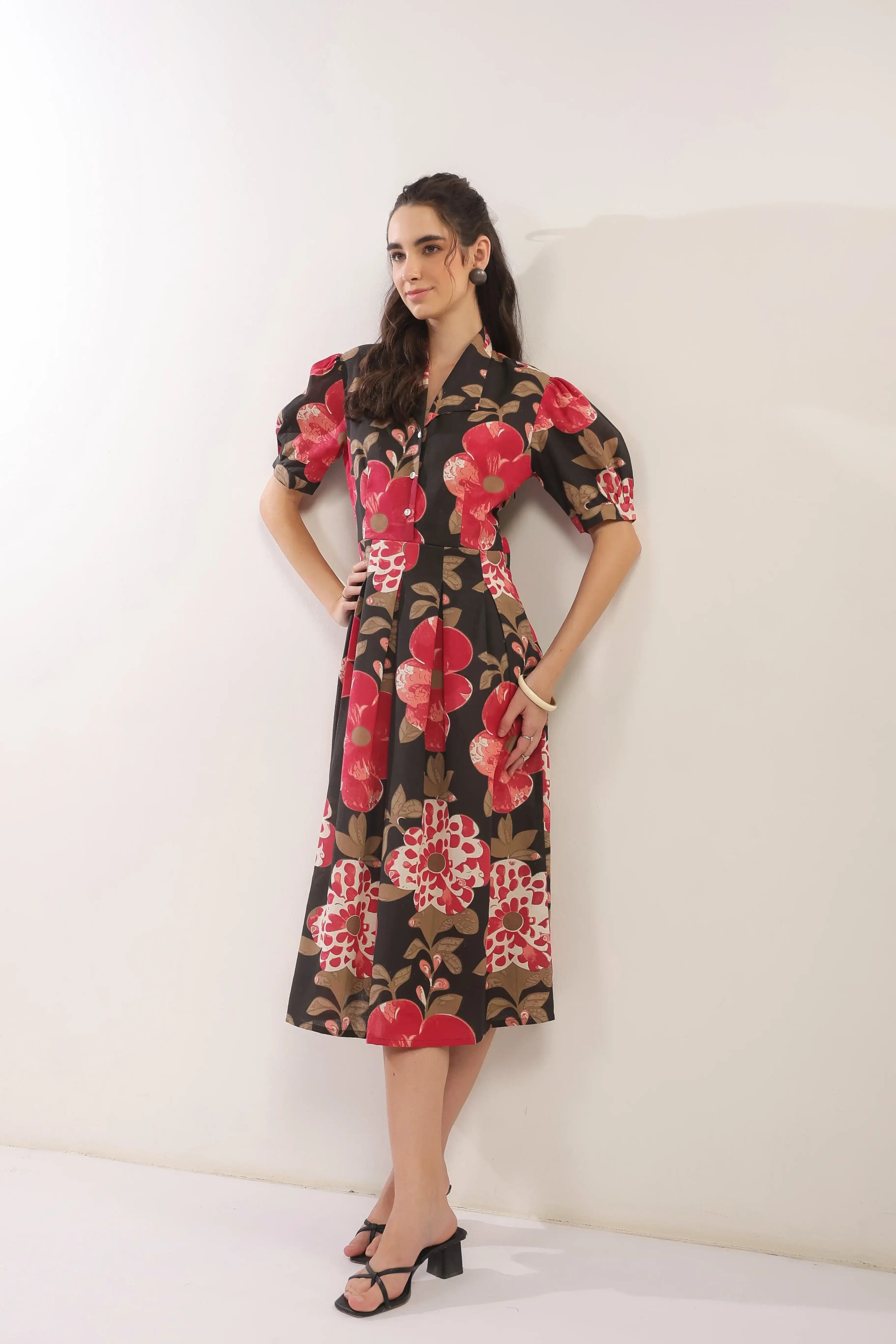 Bold Blossom Black Floral Midi Cotton Flex Dress