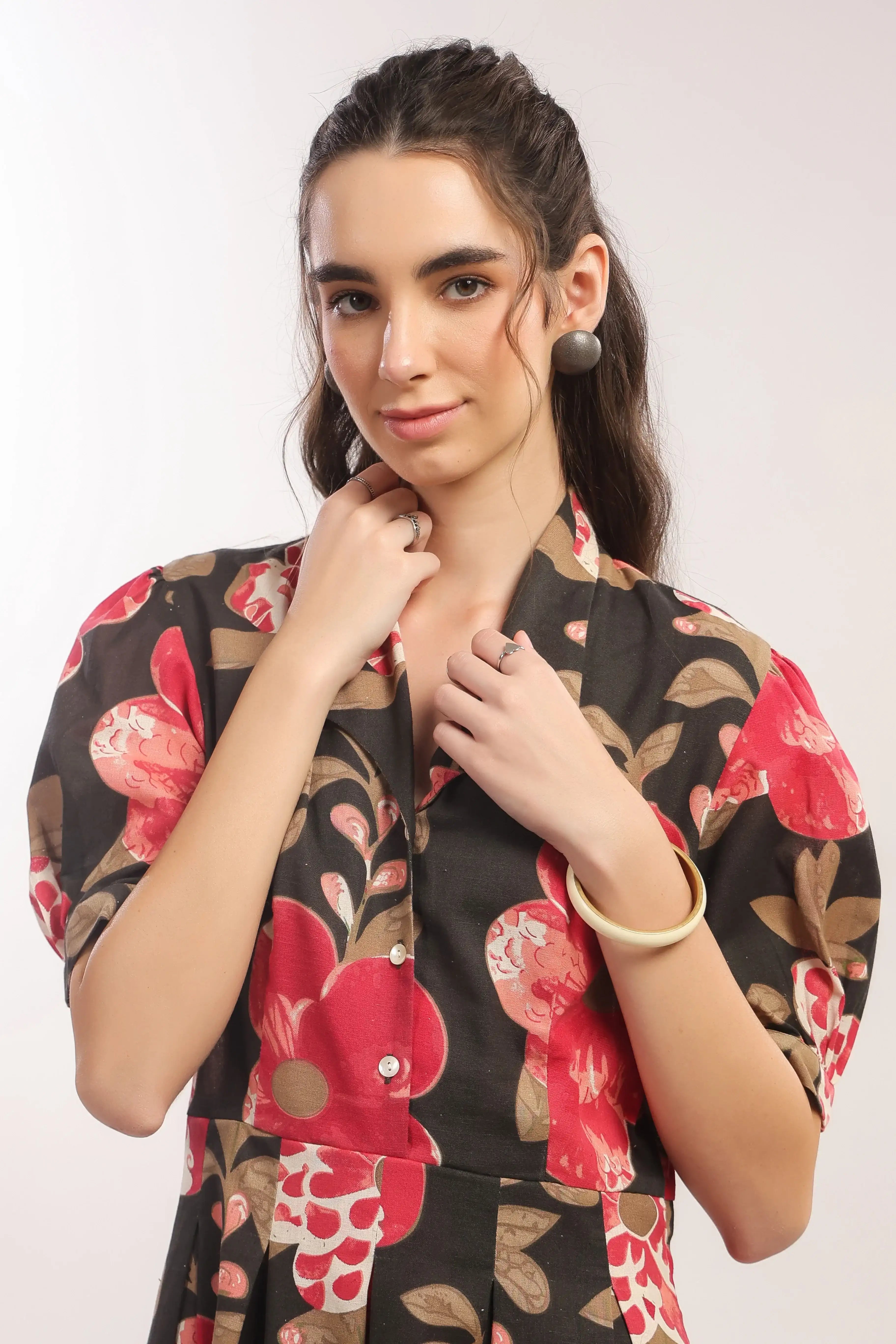 Bold Blossom Black Floral Midi Cotton Flex Dress