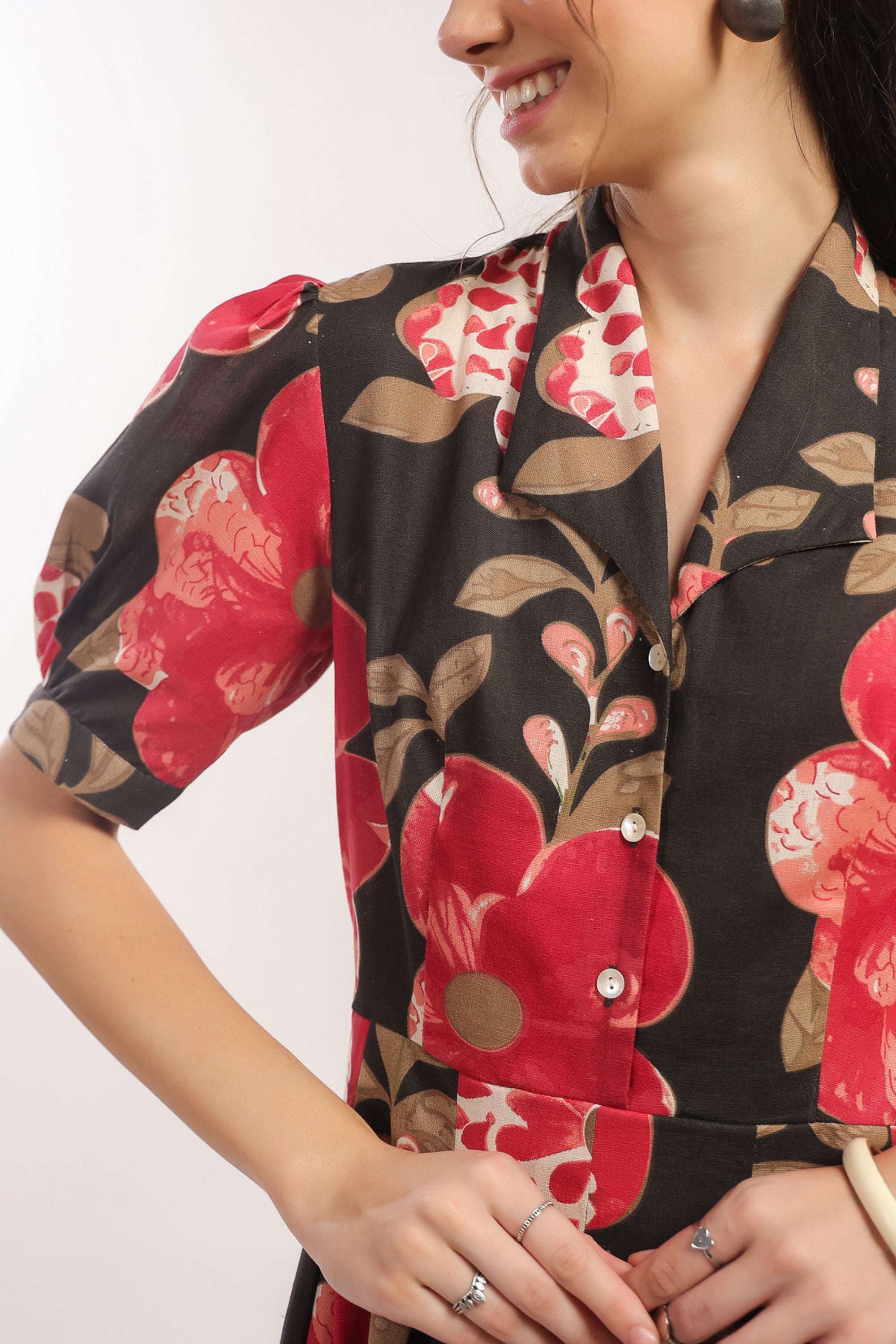 Bold Blossom Black Floral Midi Cotton Flex Dress