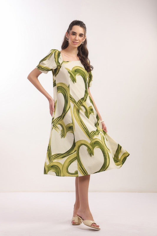 Tropical Green Brushstroke Puff Sleeve Midi Cotton Flex Dress