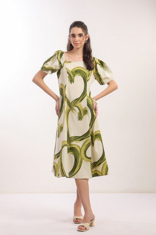 Tropical Green Brushstroke Puff Sleeve Midi Cotton Flex Dress