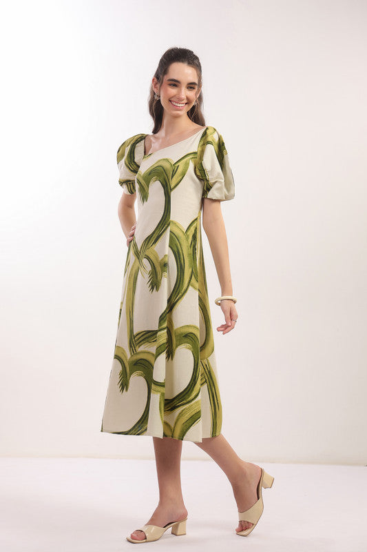 Tropical Green Brushstroke Puff Sleeve Midi Cotton Flex Dress