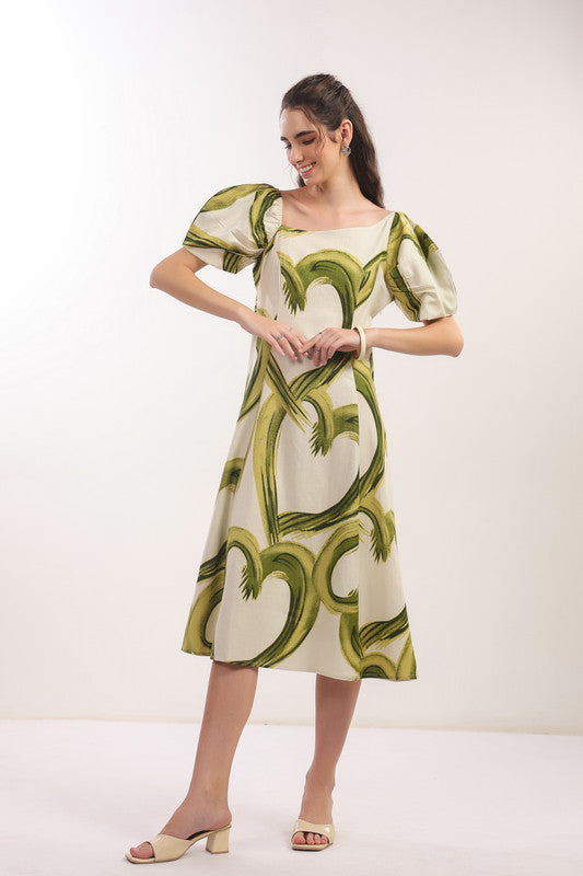 Tropical Green Brushstroke Puff Sleeve Midi Cotton Flex Dress