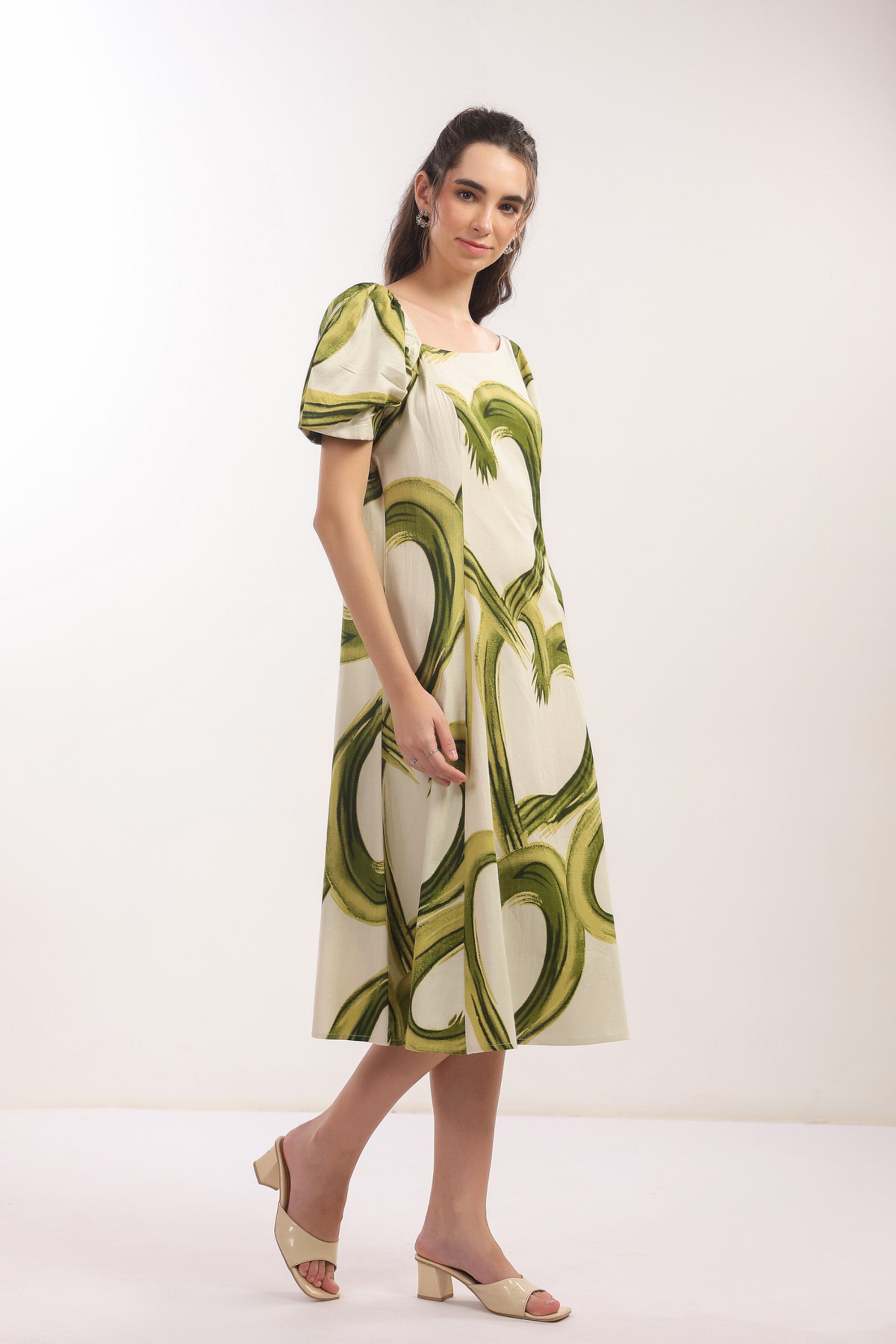 Tropical Green Midi Cotton Flex Dress