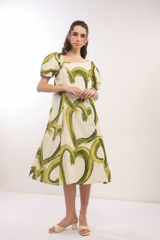Tropical Green Brushstroke Puff Sleeve Midi Cotton Flex Dress
