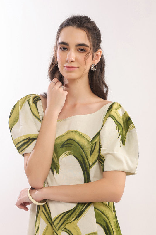 Tropical Green Brushstroke Puff Sleeve Midi Cotton Flex Dress