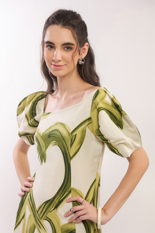 Tropical Green Brushstroke Puff Sleeve Midi Cotton Flex Dress