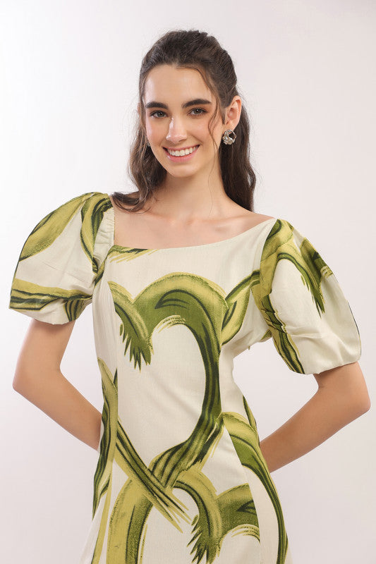 Tropical Green Brushstroke Puff Sleeve Midi Cotton Flex Dress