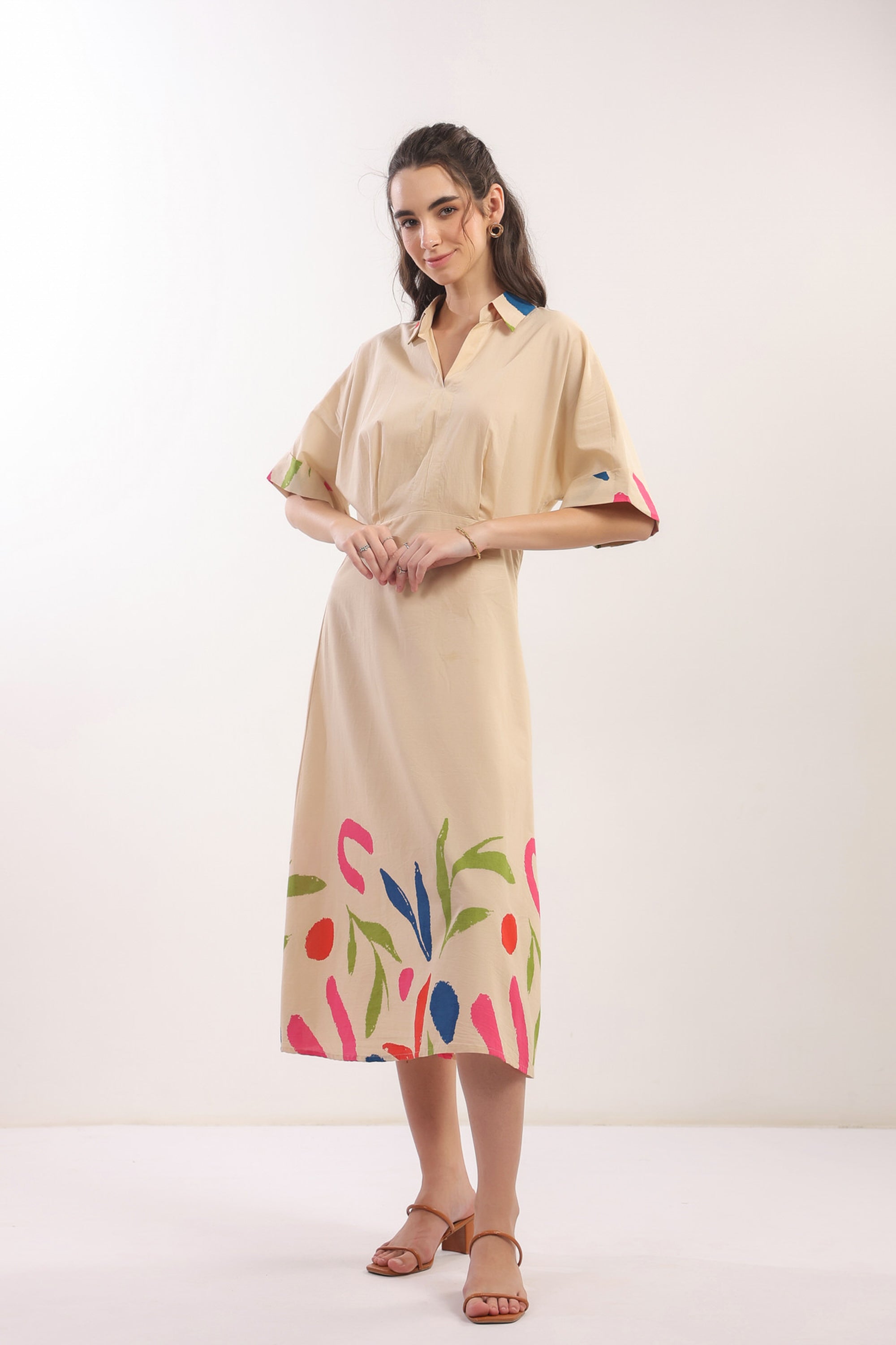 Beige Breeze Botanical Shirt Cotton Dress