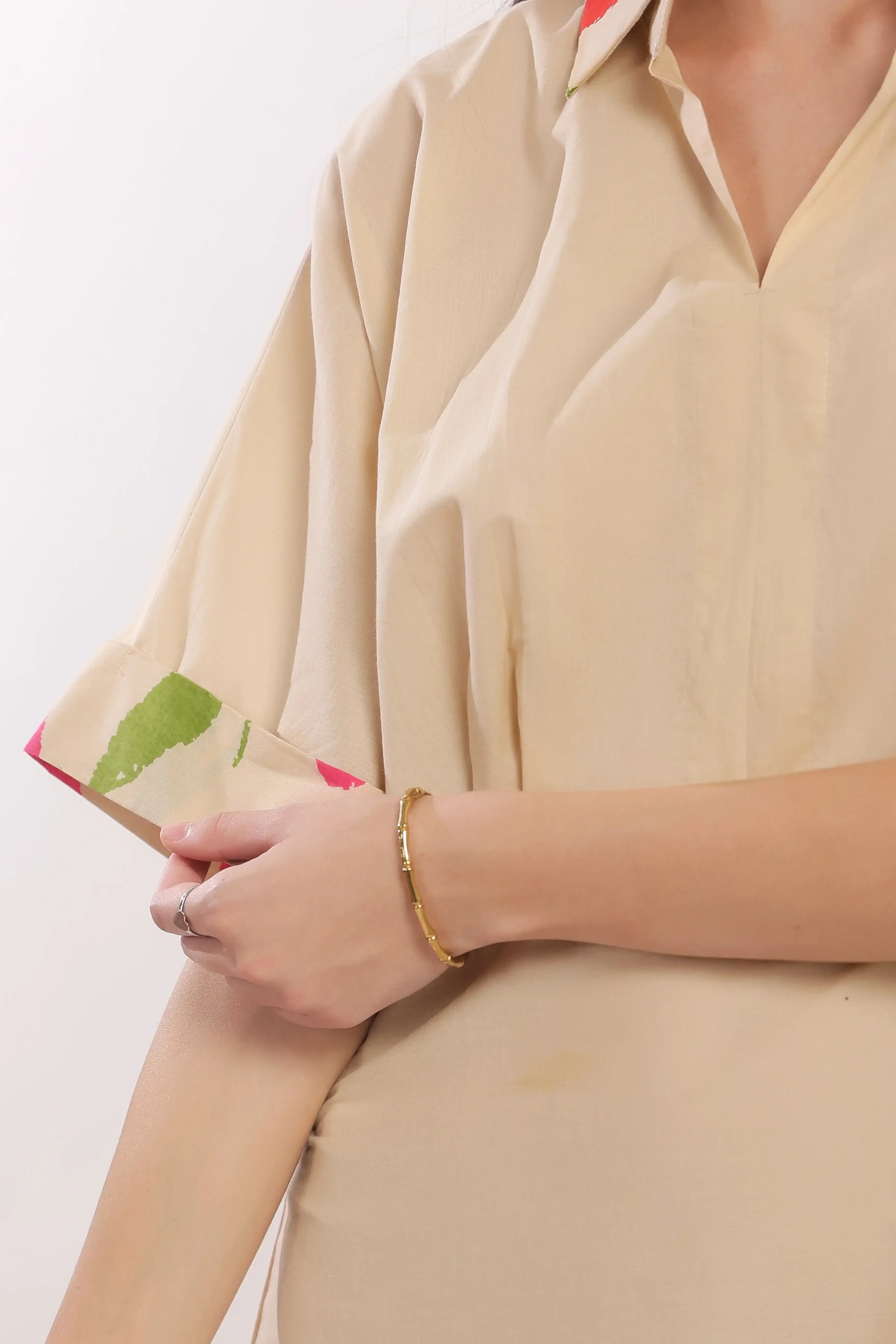 Beige Breeze Botanical Shirt Cotton Dress