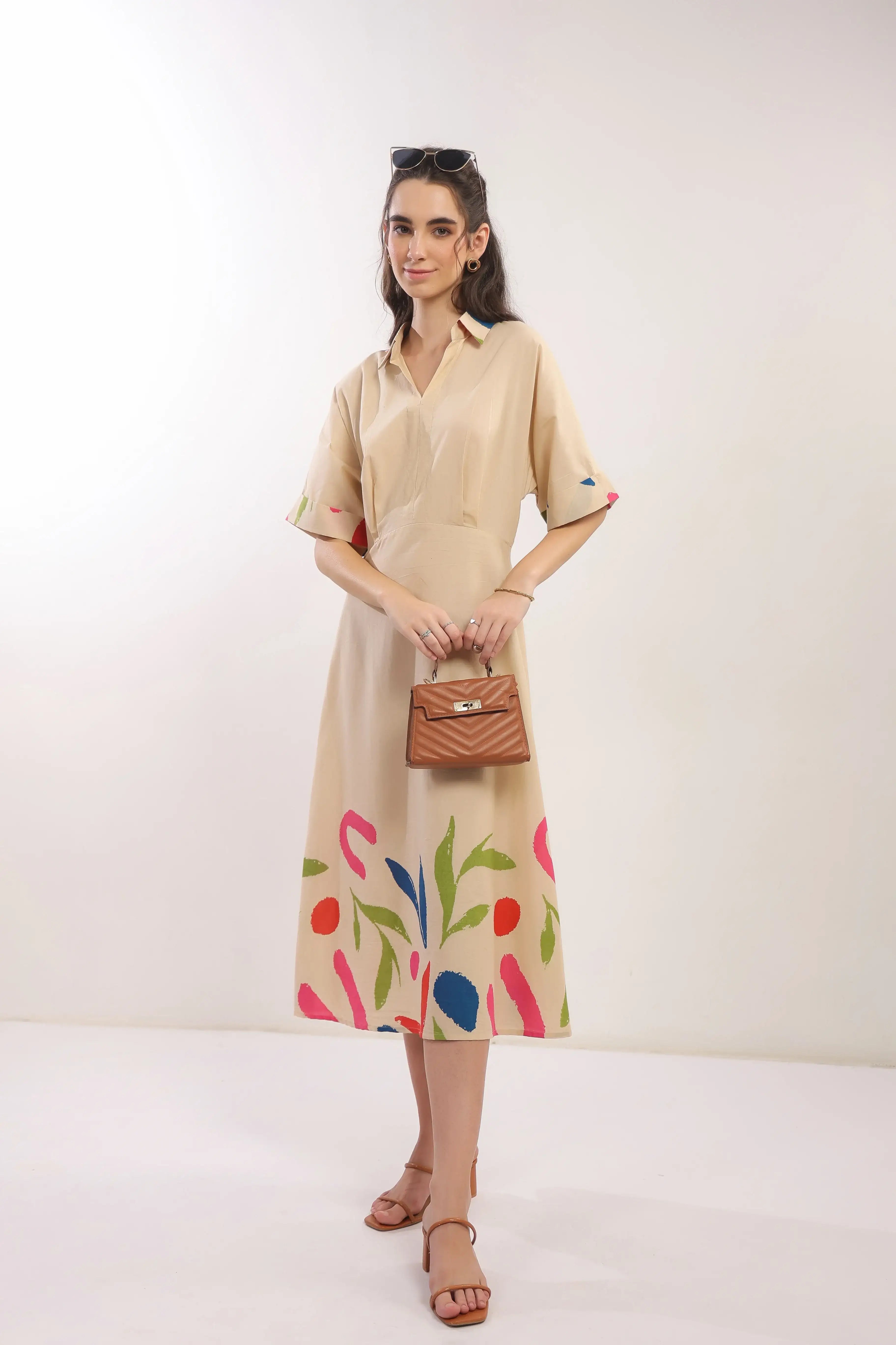 Beige Breeze Botanical Shirt Cotton Dress