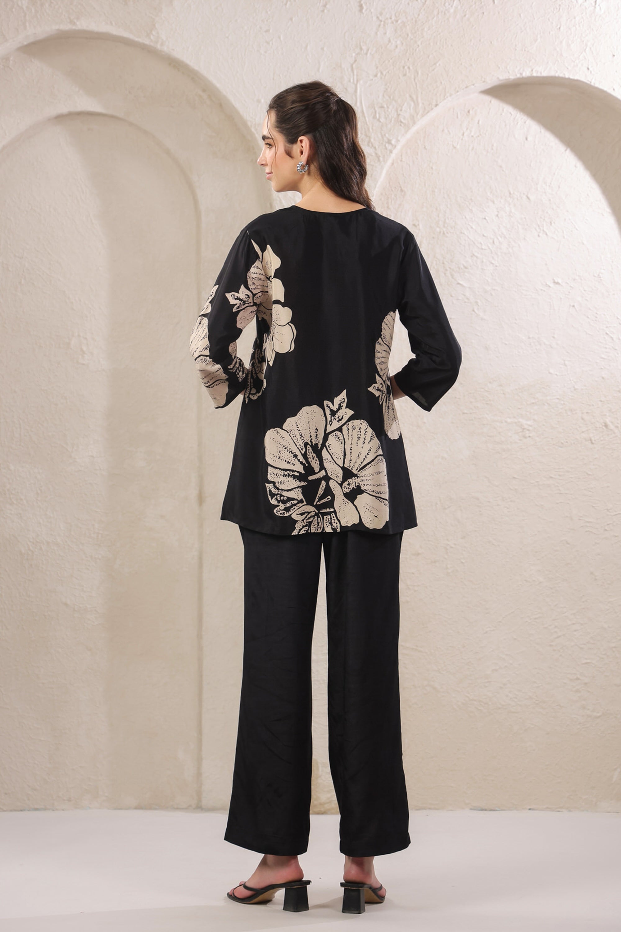 Monochrome Flora Black Russian Silk Co-ord Set