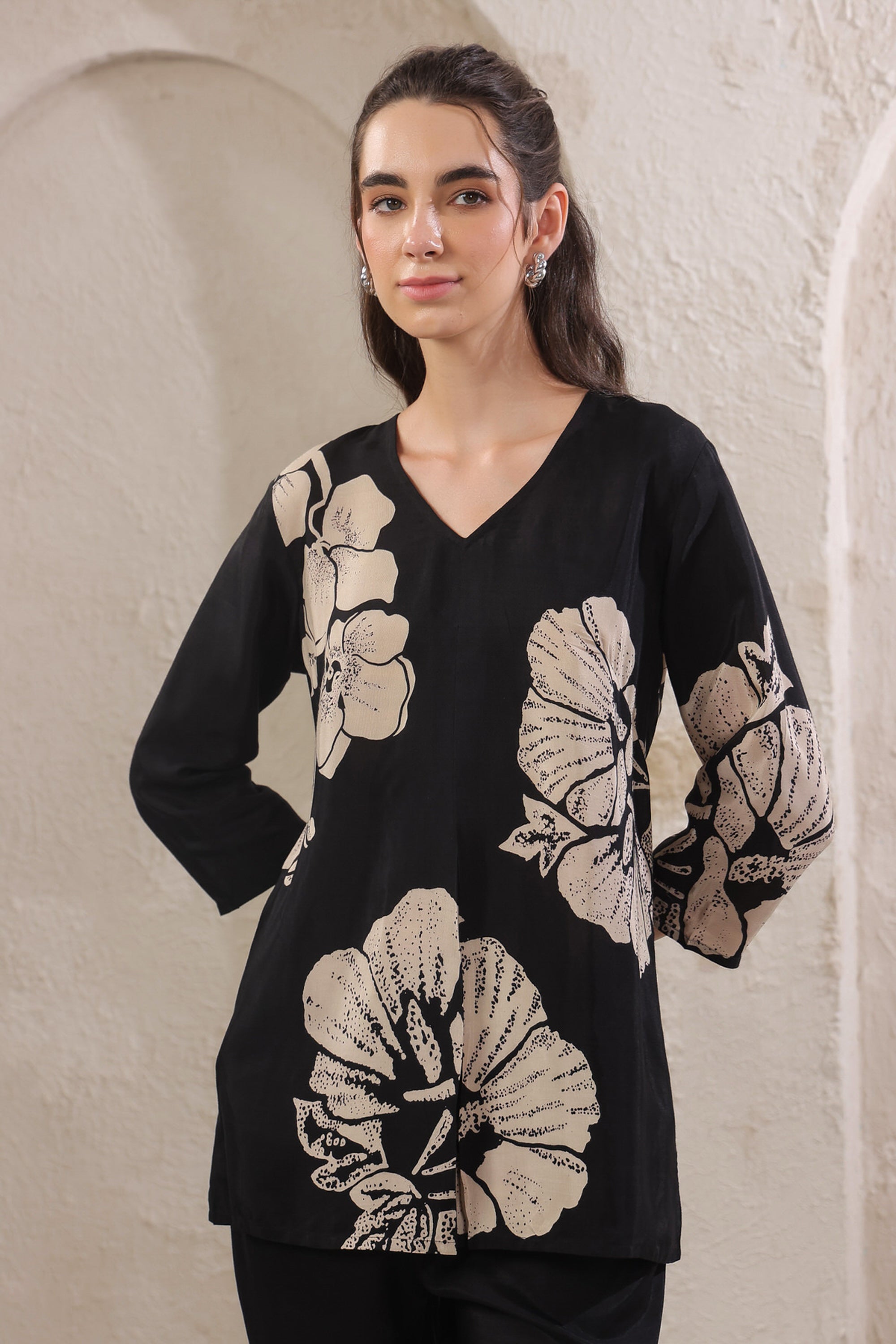 Monochrome Flora Black Russian Silk Co-ord Set