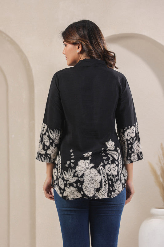 Black Floral Border Print Top