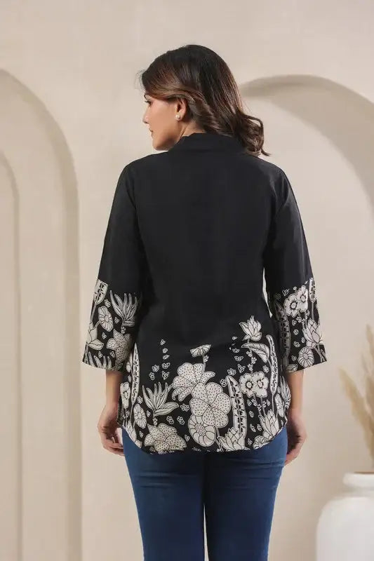 Black Floral Border Print Russian Silk Top