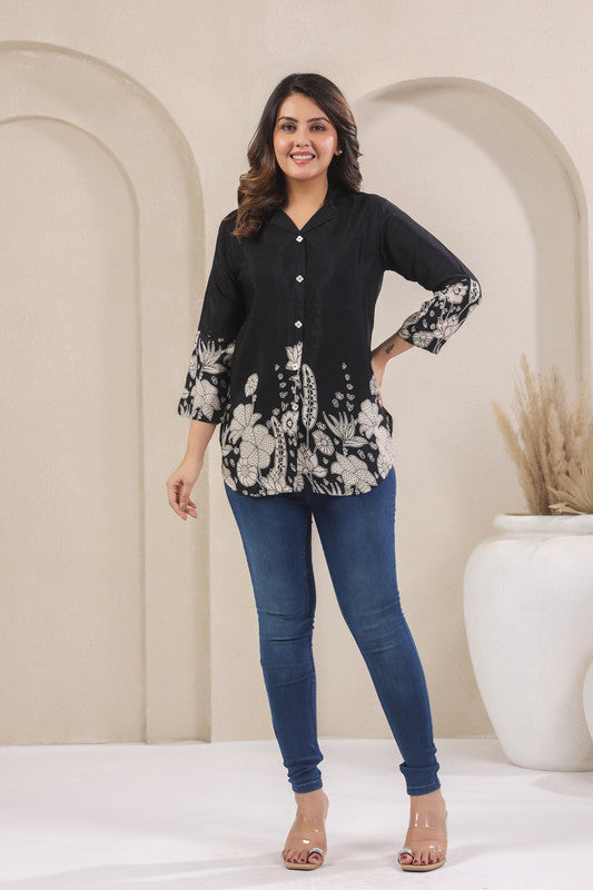 Black Floral Border Print Top