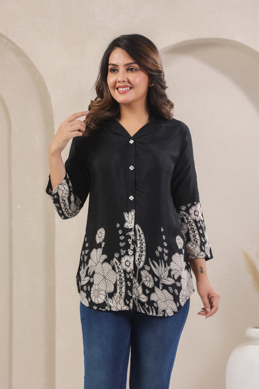 Black Floral Border Print Top
