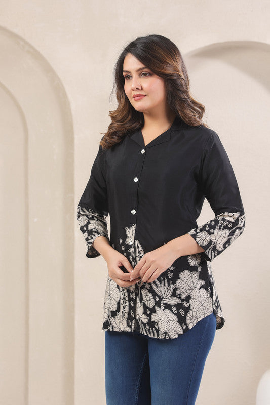 Black Floral Border Print Top