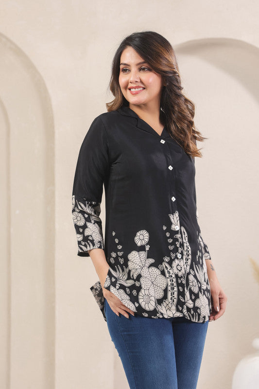 Black Floral Border Print Top