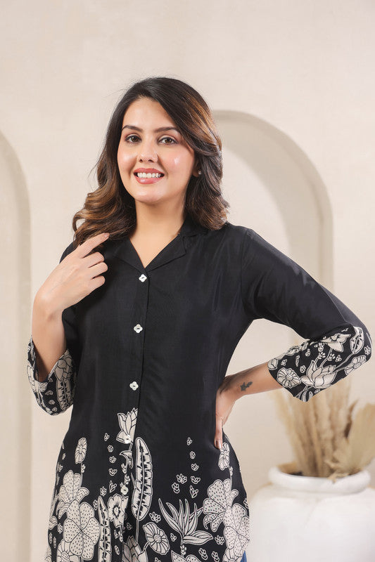 Black Floral Border Print Top