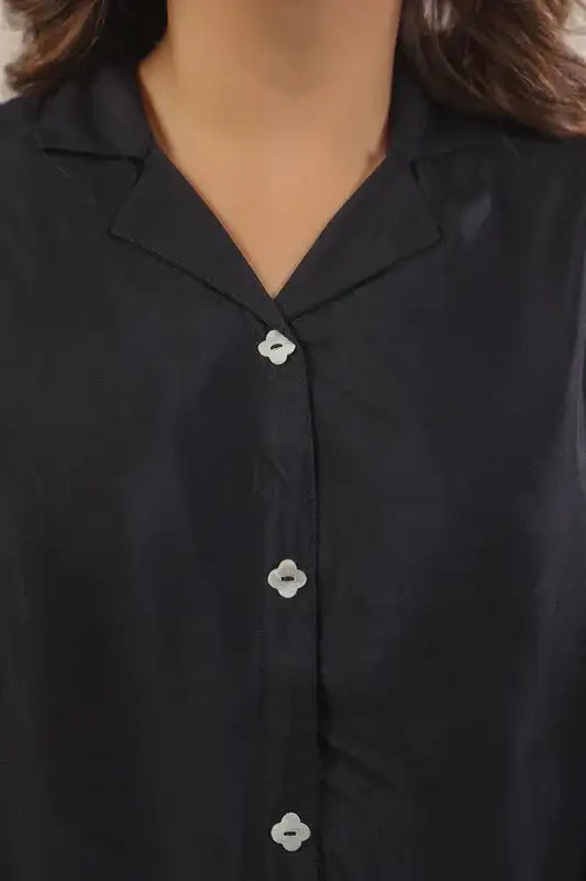 Black Floral Border Print Russian Silk Top