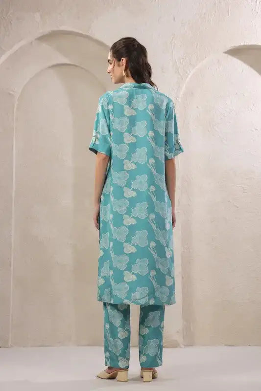 Frosted Petals Blue Russian Silk Co-ord Set