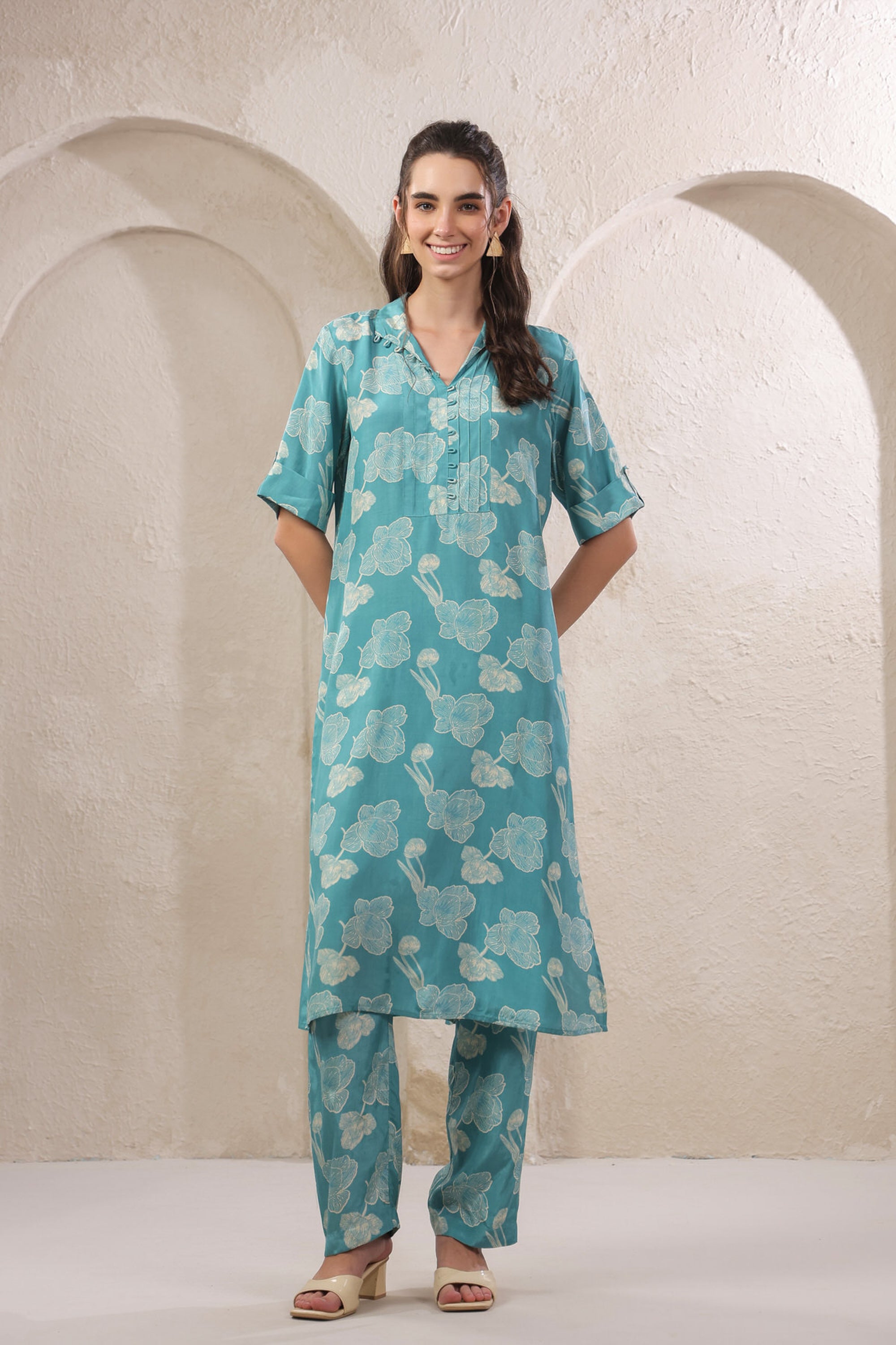 Frosted Petals Blue Russian Silk Co-ord Set