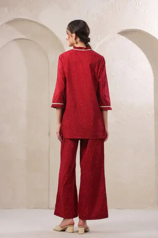 Crimson Lace Cotton Red Co-ord Set