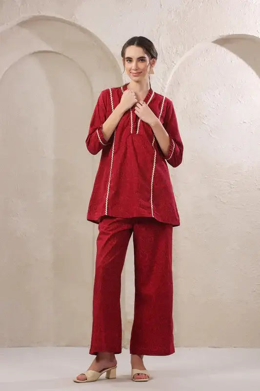 Crimson Lace Cotton Red Co-ord Set