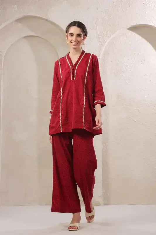 Crimson Lace Cotton Red Co-ord Set