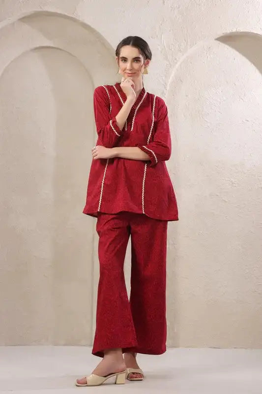 Crimson Lace Cotton Red Co-ord Set