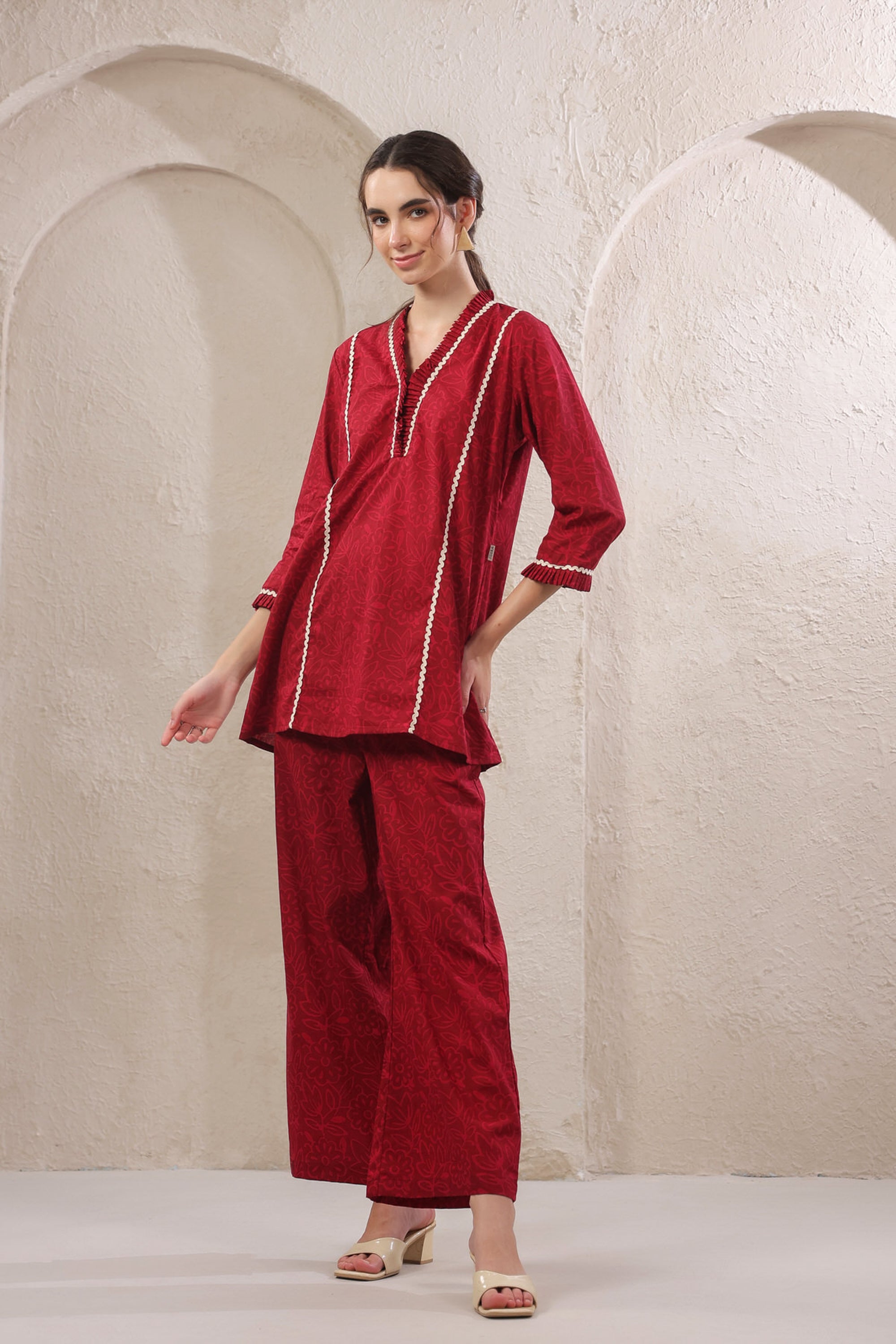 Crimson Lace Cotton Red Co-ord Set