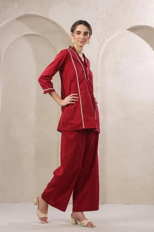 Crimson Lace Cotton Red Co-ord Set