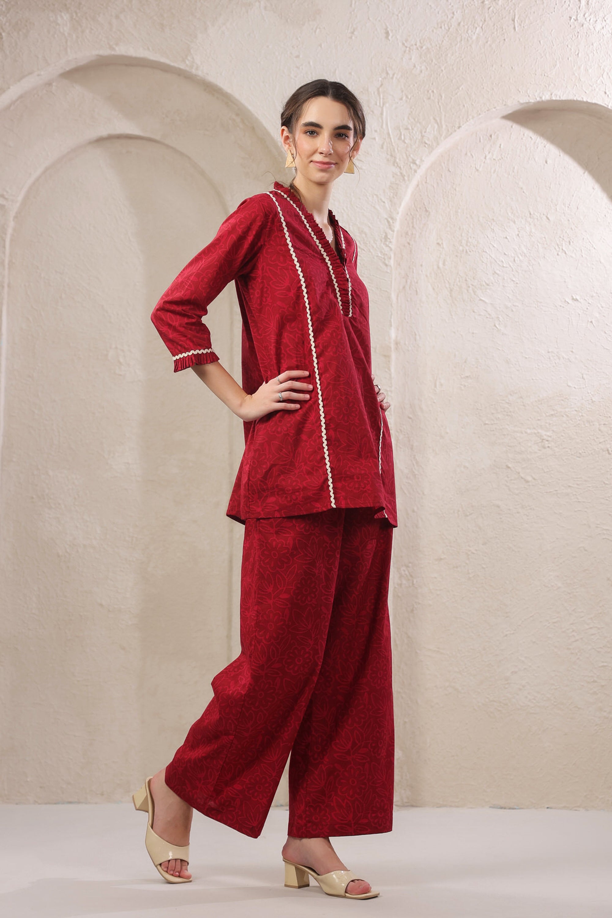 Crimson Lace Cotton Red Co-ord Set