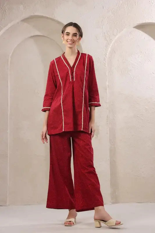 Crimson Lace Cotton Red Co-ord Set